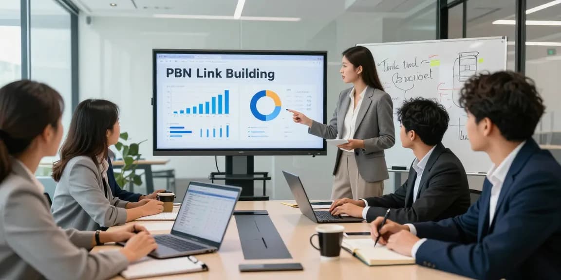 Engaged team discussing strategies for pbn link building service effectiveness in a modern office setting.
