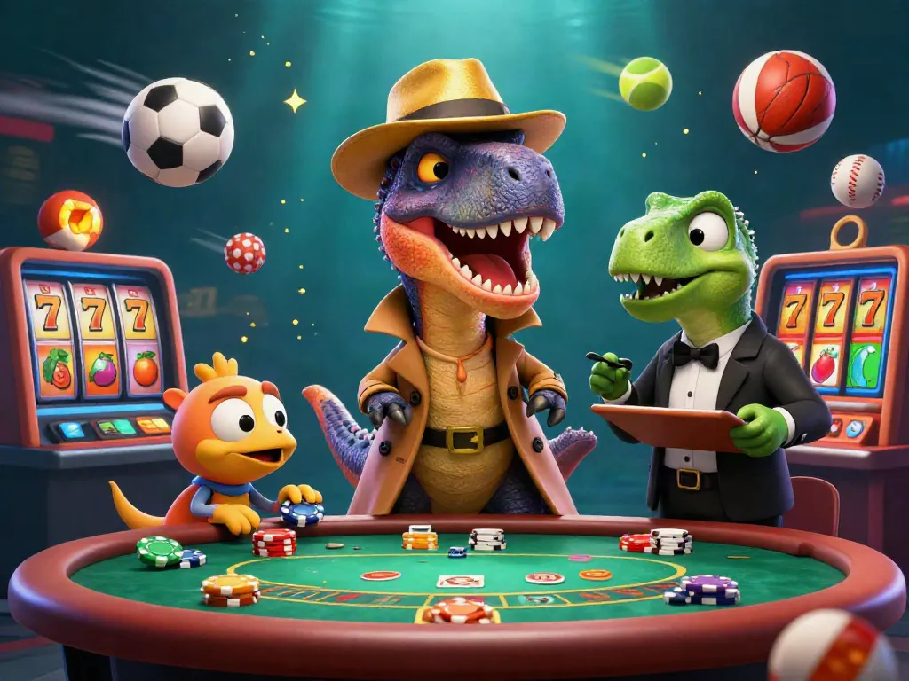 Experience slot resmi thrills with dino characters in a vibrant 3D casino scene.