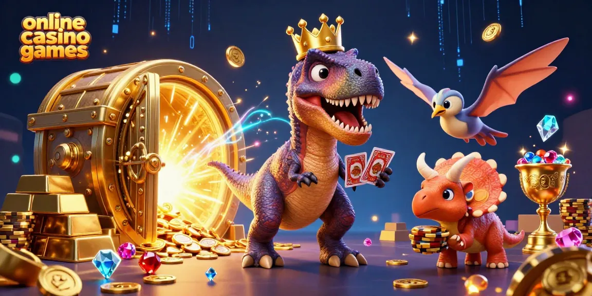 Engage with dynamic online casino games featuring a T-Rex, cards, and golden chips in a vibrant 3D scene.
