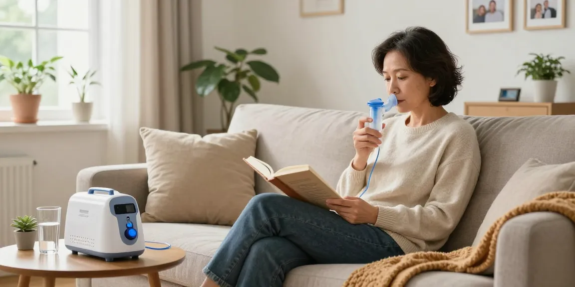Relaxed person using a nebulizer machine near me in a cozy living room.