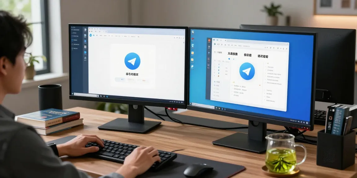 Setting up Telegram Chinese language in a modern tech workspace with multiple monitors.