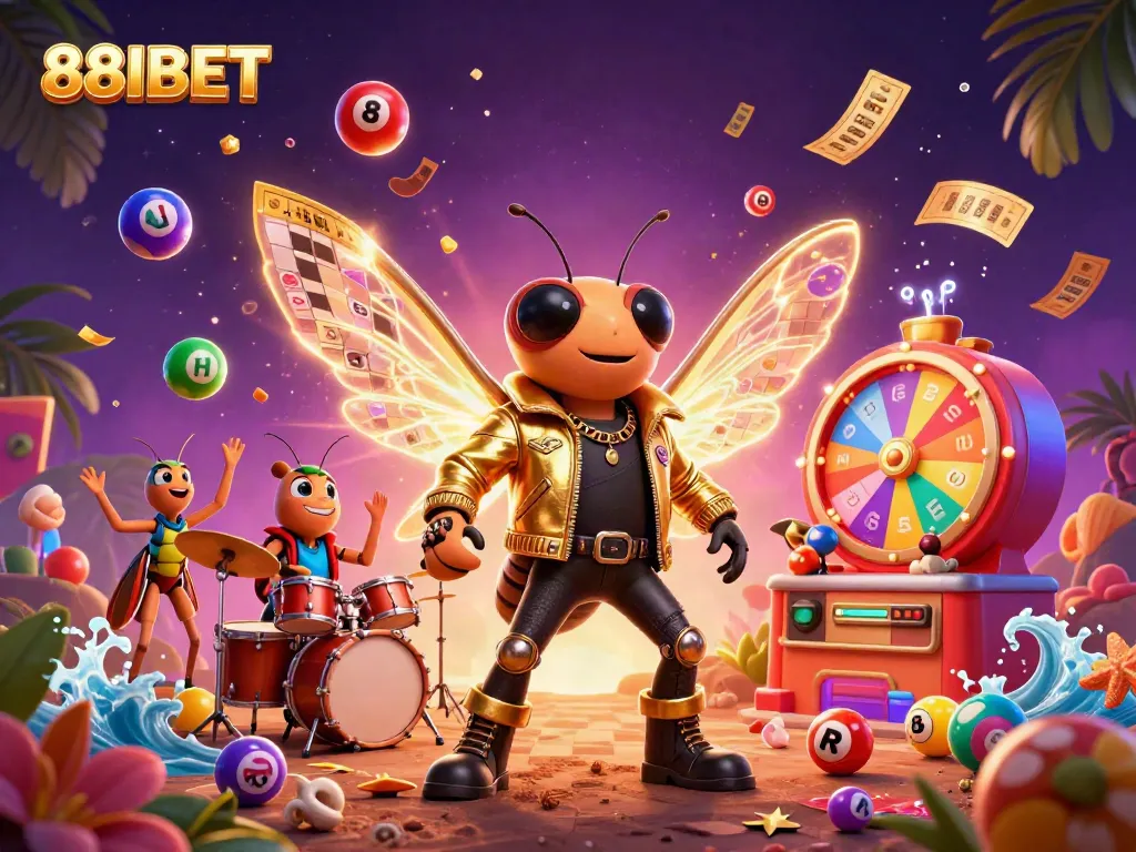 Experience the excitement of 88IBET with a vibrant 3D illustration featuring a cicada rock star and dynamic gaming elements.
