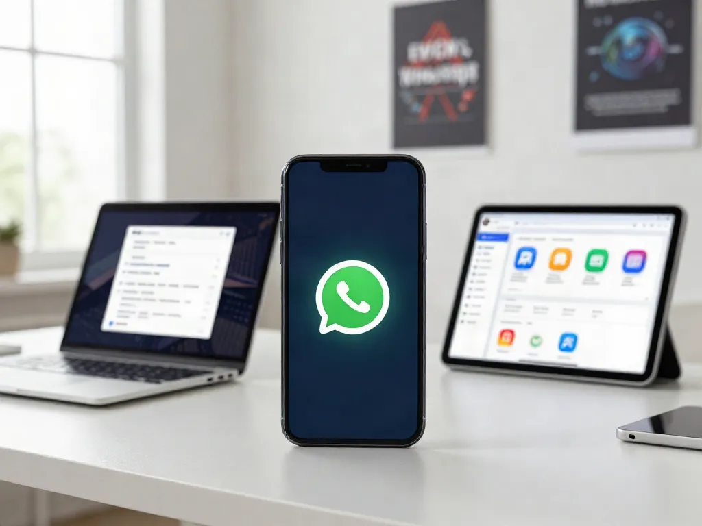 Click to download GB WhatsApp APK on a smartphone in a stylish workspace