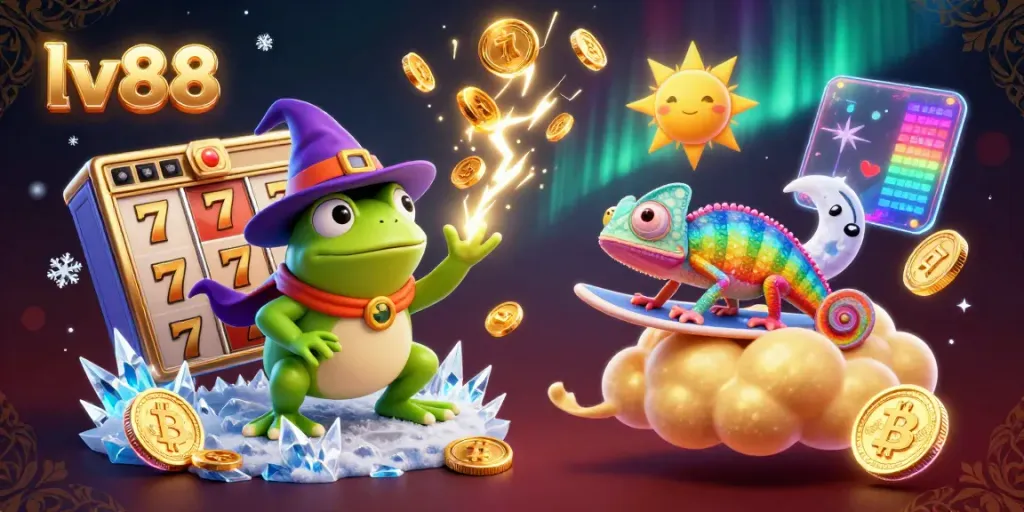 Join the thrilling action at lv88 as a wizard frog conjures a storm of golden coins amidst a vibrant casino scene.