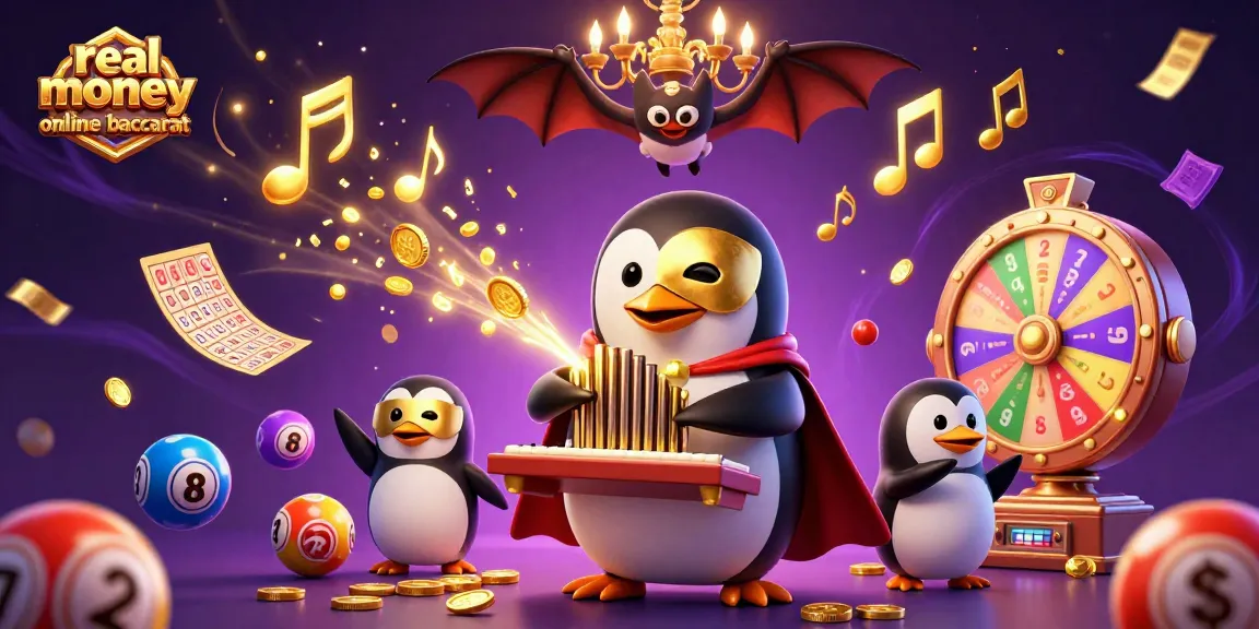 Experience real money online baccarat with a vibrant 3D scene of a penguin and acrobat in action