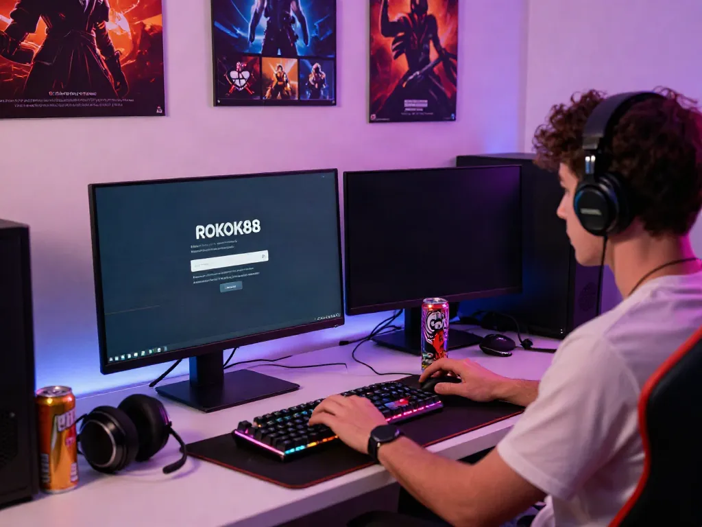 Rokok88 login interface on a gaming laptop in an energetic workspace.